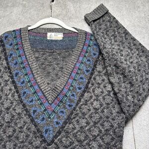 London‎ Fog Vintage Men's V Neck Knit Sweater Gray Preppy 80s 90s